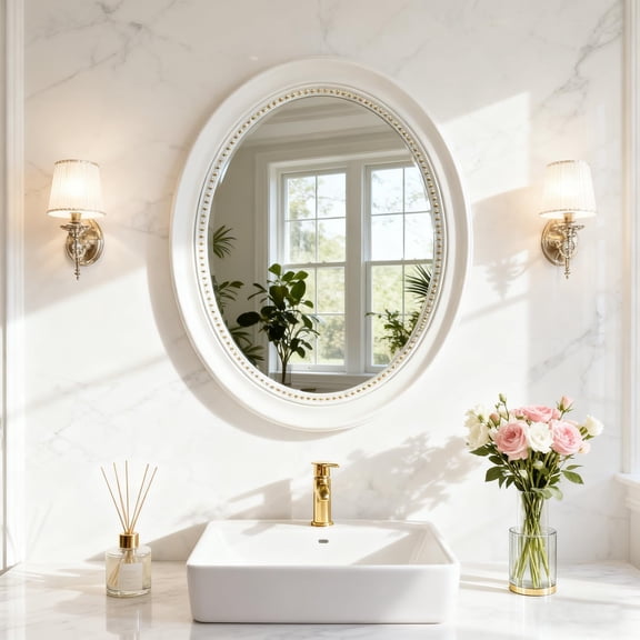 Bathroom Mirror 22x27 Inch - Black Frame Oval Vanity Mirror with Hand-Strung Gold Beads, Modern Wall Decor for Living Room & Bedroom