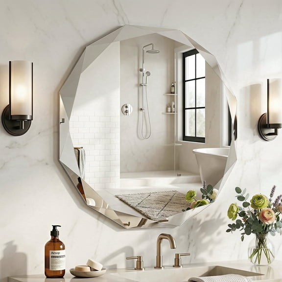 Cuteday Bathroom Mirror, 24"x 24" Round Wall Mirror, Frameless Bathroom Mirror with Beveled Edge,Diamond Shape