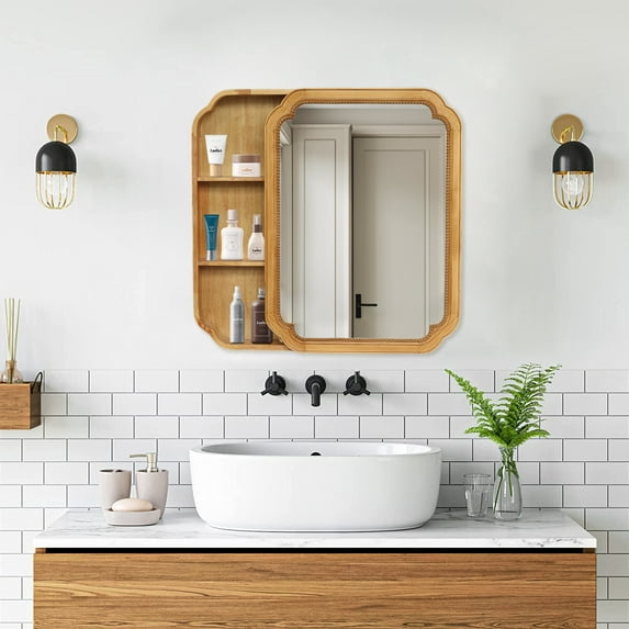 Bathroom Mirror 31.5" x 23.82" Wood Framed Wall - Mounted Mirror Cabinet with Storage Shelves, Medicine Mirror for Bathroom, Living Room, Entryway,Wall Mirror