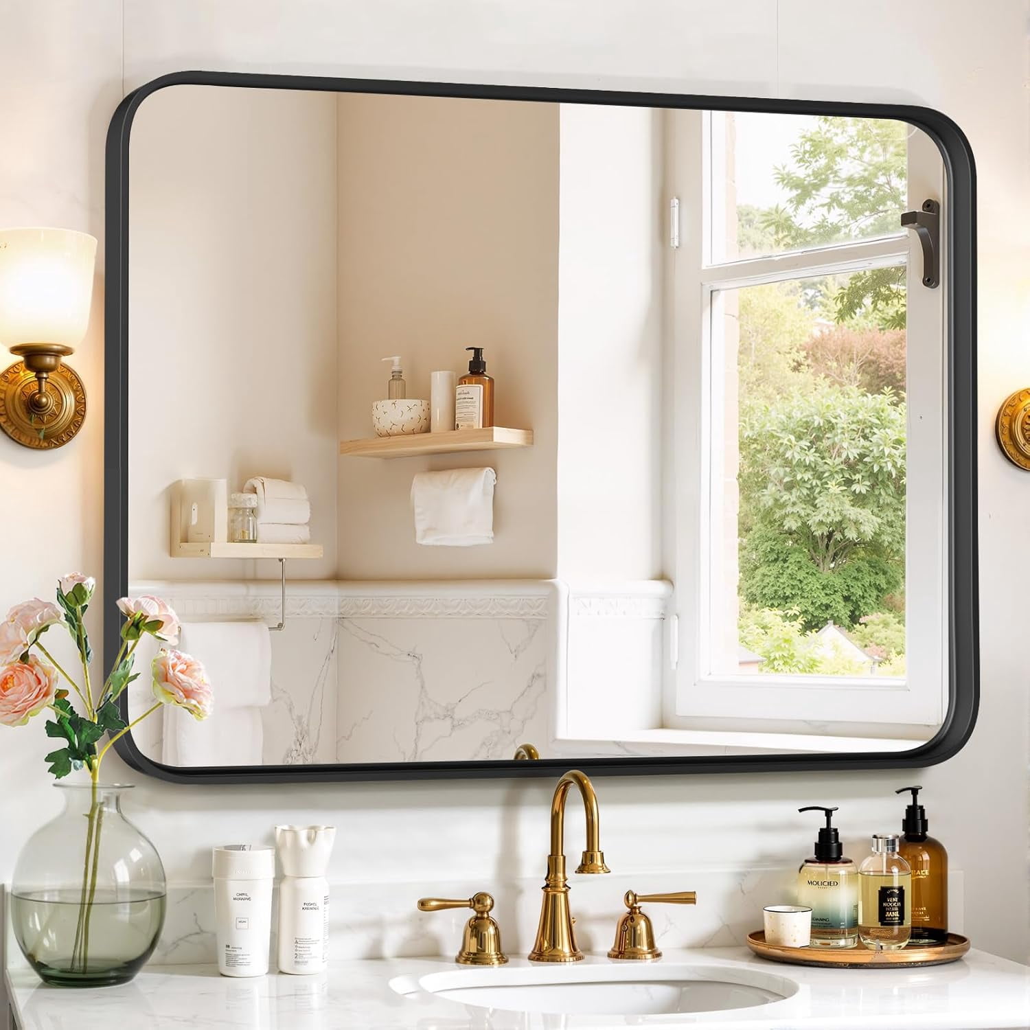 Bathroom Mirror 40x30 Inch Black Metal Frame Rectangle Vanity Mirror ...
