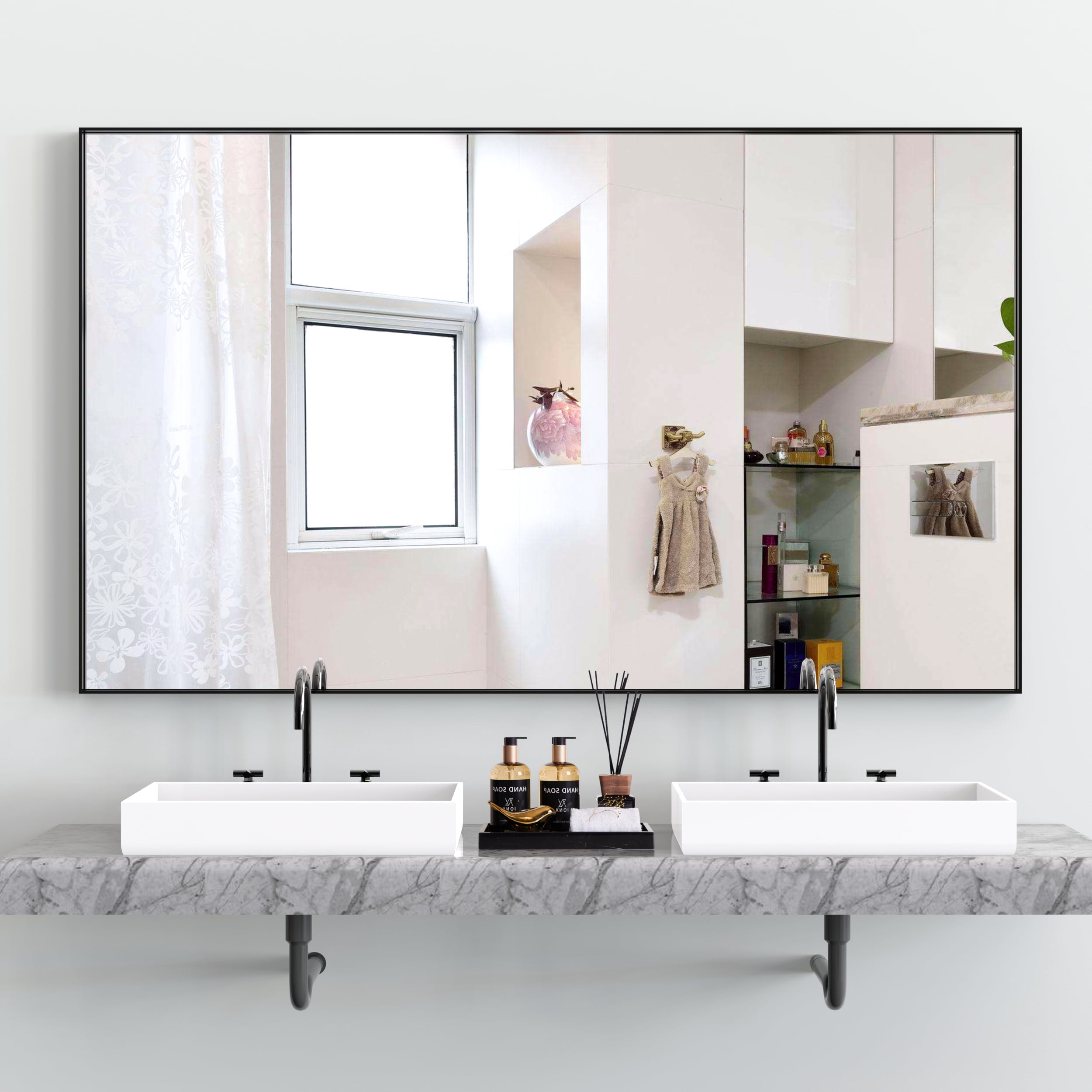 Bathroom Mirror, 60x40"Black Rectangle Wall Mirror, Metal Framed ...