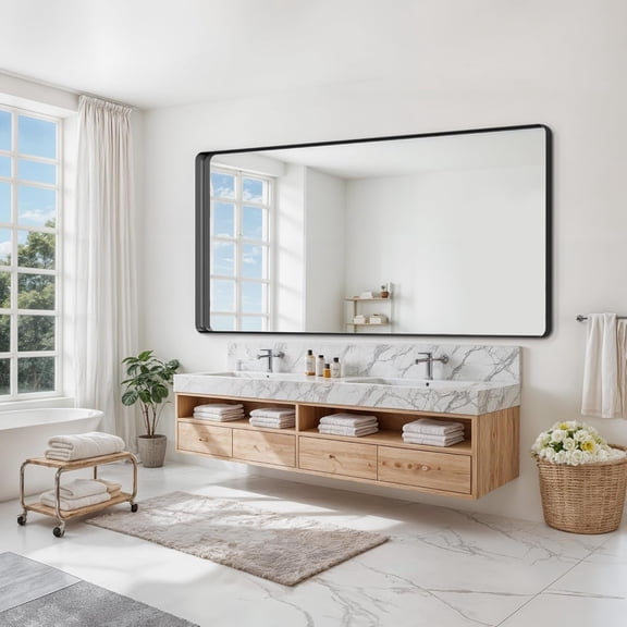 Bathroom Mirror, 72" x 32" Wall Mirror Metal Framed, Bathroom Vanity Mirror for Living Room Bedroom Bathroom Entryway, Black, Rounded Corner Style