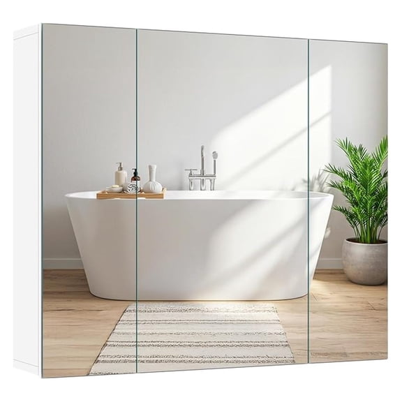 Bathroom Mirror Cabinet with 3 Doors, Wall Mounted Medicine Cabinet with Adjustable Shelf, Storage Cupboard for Living Room, Laundry Room, Mudroom, White