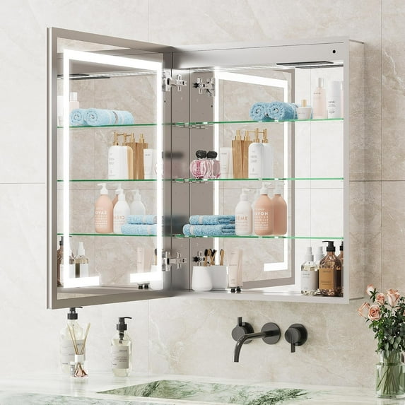 Bathroom Mirror Cabinet, Akaber 24"x30" Medicine Cabinet with Double-Side LED Lights, Anti-Fog, 5 Mirrors, Dimmable Sensor Light & Outlets, Recessed/Wall Mount