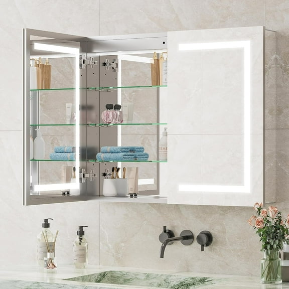 Bathroom Mirror Cabinet, Akaber 34"x28" Medicine Cabinet with Double-Side LED Lights, Anti-Fog, 5 Mirrors, Dimmable Sensor Light & Outlets, Recessed/Wall Mount