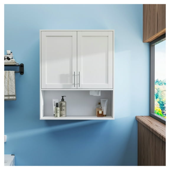 Bathroom Mirror Cabinet - Two Door Wall Cabinet Bathroom Vanity Mirror Cabinet with Facial Tissues Slot and Multifunctional Storage Area White + Particle Board+MDF