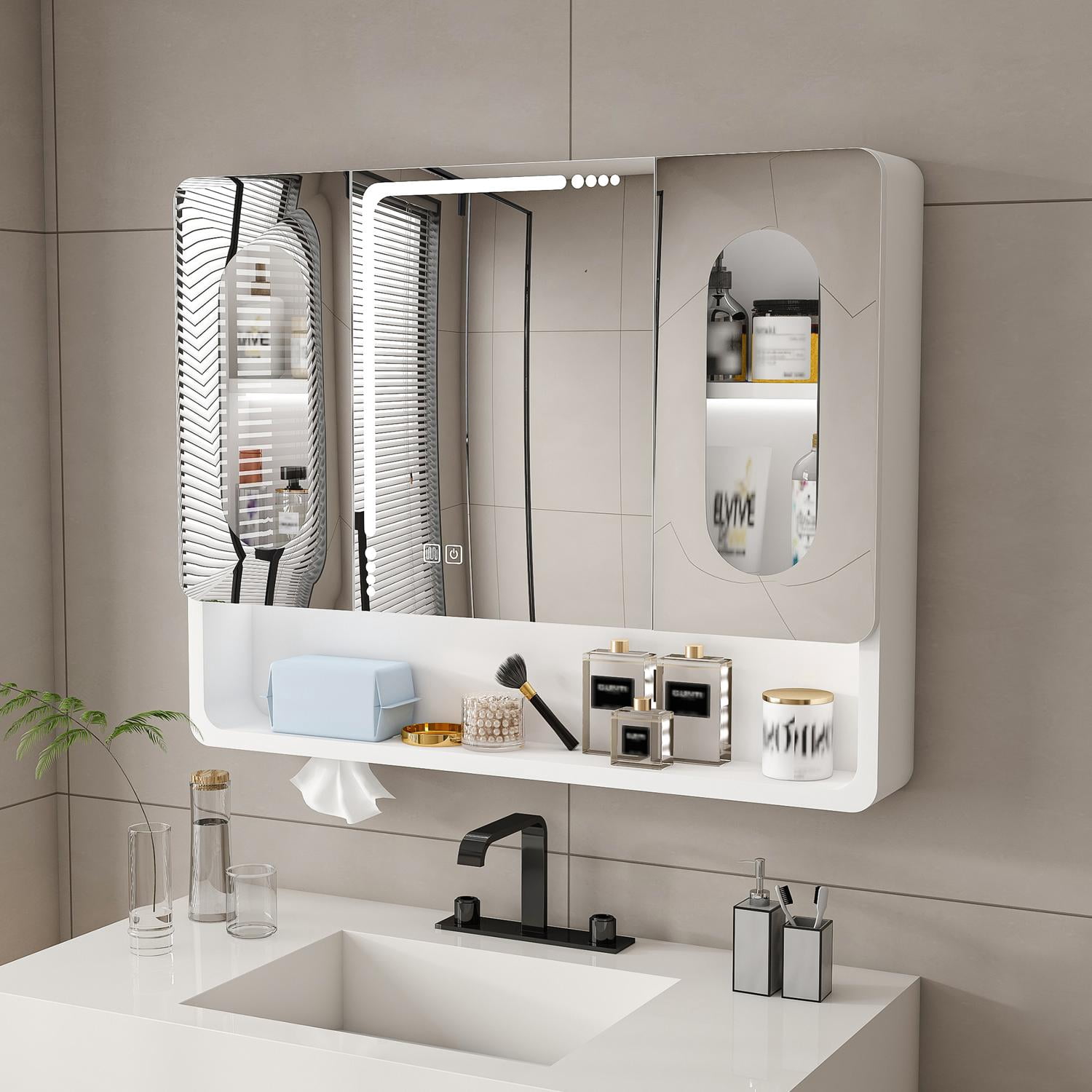 Bathroom Mirror Cabinets, Medicine Cabinets, Wall Mounted Bathroom Mirror Cabinet with LED Lights, Touch Control, 3 Color Lighting, Aluminum Alloy Construction, Spacious Storage for Bathroom, White