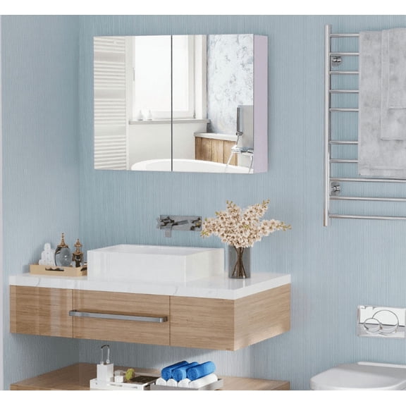 Bathroom Mirror, Double Door Wall Mounted Bathroom Mirror, White Wall Mirror,Mdf Bathroom Wall Mirror, Household Supplies & Décor Mirrors Bathroom Mirrors Double Door Wall Mounted Bathroom Mirror