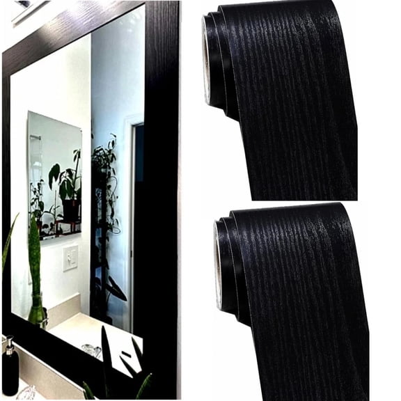 Bathroom Mirror Frame Border Sticker 2 Pcs Black Stick Wood Grain Wallpaper Border,Removable Waterproof Bathroom Mirror Frame Sticker,Waterproof Bathroom Mirror Frame Sticker,3.93'' x 196''