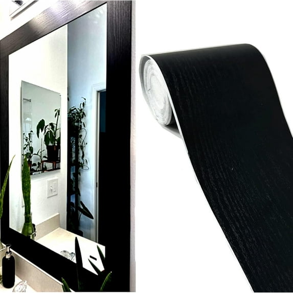 Bathroom Mirror Frame Border Sticker,Black Border Stick , Black Wood Grain Wallpaper Border Removable Waterproof Bathroom Mirror Frame Sticker(3.93'' x 196''ï¼