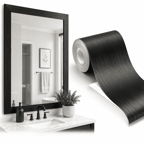 Bathroom Mirror Frame Border Sticker,Black Border Stick ,Black Wood Grain Wallpaper Border Removable Waterproof Bathroom Mirror Frame Sticker(3.93'' x 196''ï¼