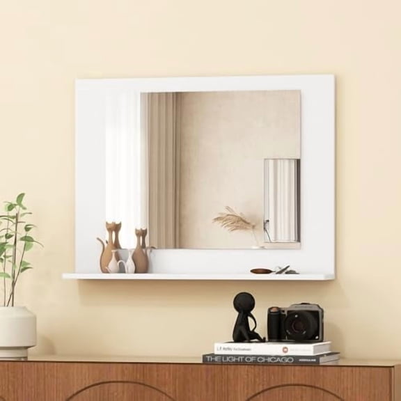 Bathroom Mirror with Shelf - 24" x 18" Wall Mirror Over Bathroom Sink, Wooden Frame Modern Rectangular Hanging Vanity Makeup Mirror for Washroom Entryway, White$$Home Decor, Kitchen, & Other