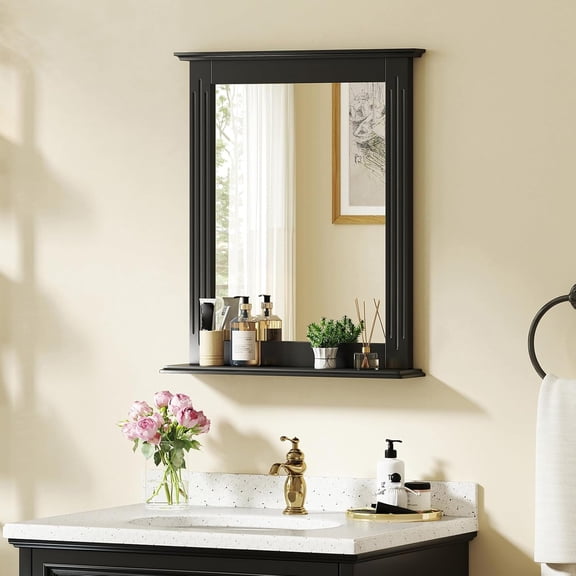 Bathroom Mirror with Shelf - 27" x 22.5" Wall Mirror Over Bathroom Sink, Wooden Frame Modern Rectangular Hanging Vanity Makeup Mirrors for Washroom, Entryway (Black,27" L x 22.5" W)