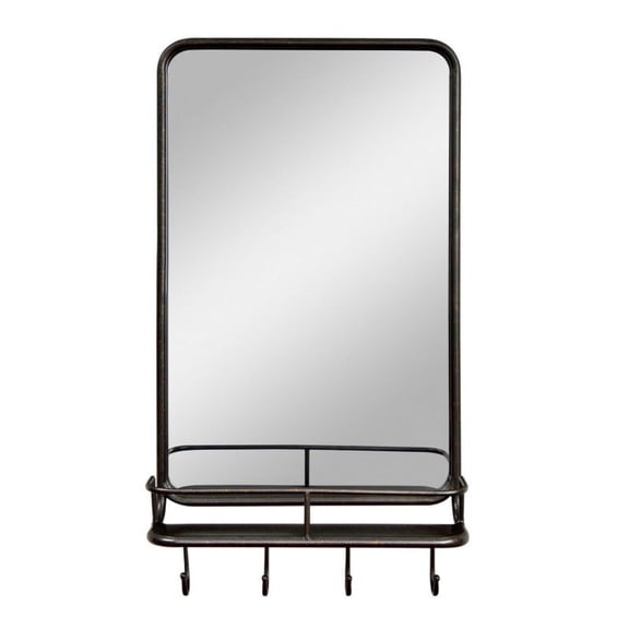 Bathroom Mirror with Shelf & Hooks, 33x19 Inch Black Metal Framed Wall Mirror for Bedroom, Living Room, Entryway - Large Rectangular Decorative Mirror