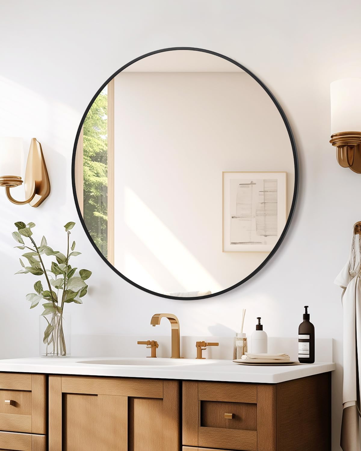 Bathroom Mirror for Wall, 20 Inch Round Mirror, Black Metal Framed ...