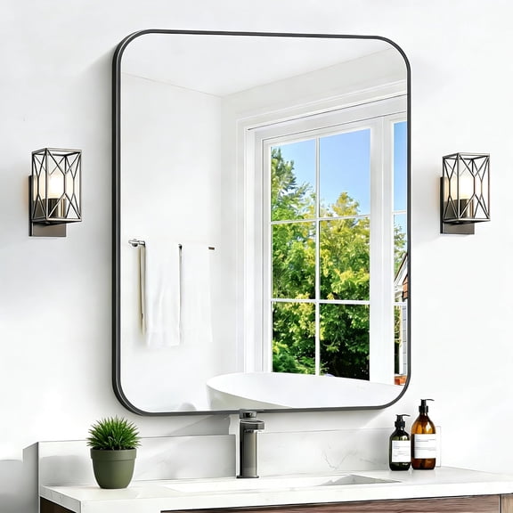 Bathroom Mirror for Wall,24X32 Inch Rounded Rectangle Mirror,Matte Black Bathroom Vanity Mirror,Tempered HD Glass,Anti-Rust, Hangs Horizontally or Vertically