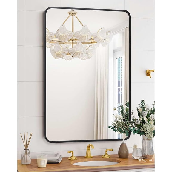 Bathroom Mirror for Wall, 36x24 Inch Rectangle Mirror, Matte Black Metal Framed Bathroom Vanity Mirror for Restroom Farmhouse, Anti-Rust, Horizontally or Vertically Hanging