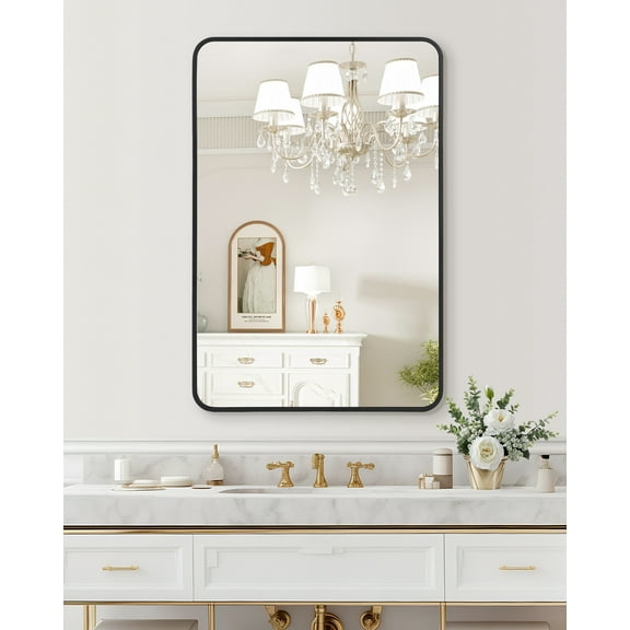 Bathroom Mirror for Wall, HD Eco-Friendly Bathroom Mirrors for Over Sink, Black Metal Framed Mirror, Large Rounded Rectangle Mirror for Living Room, Dining Room, Hangs Horizontally or Vertically