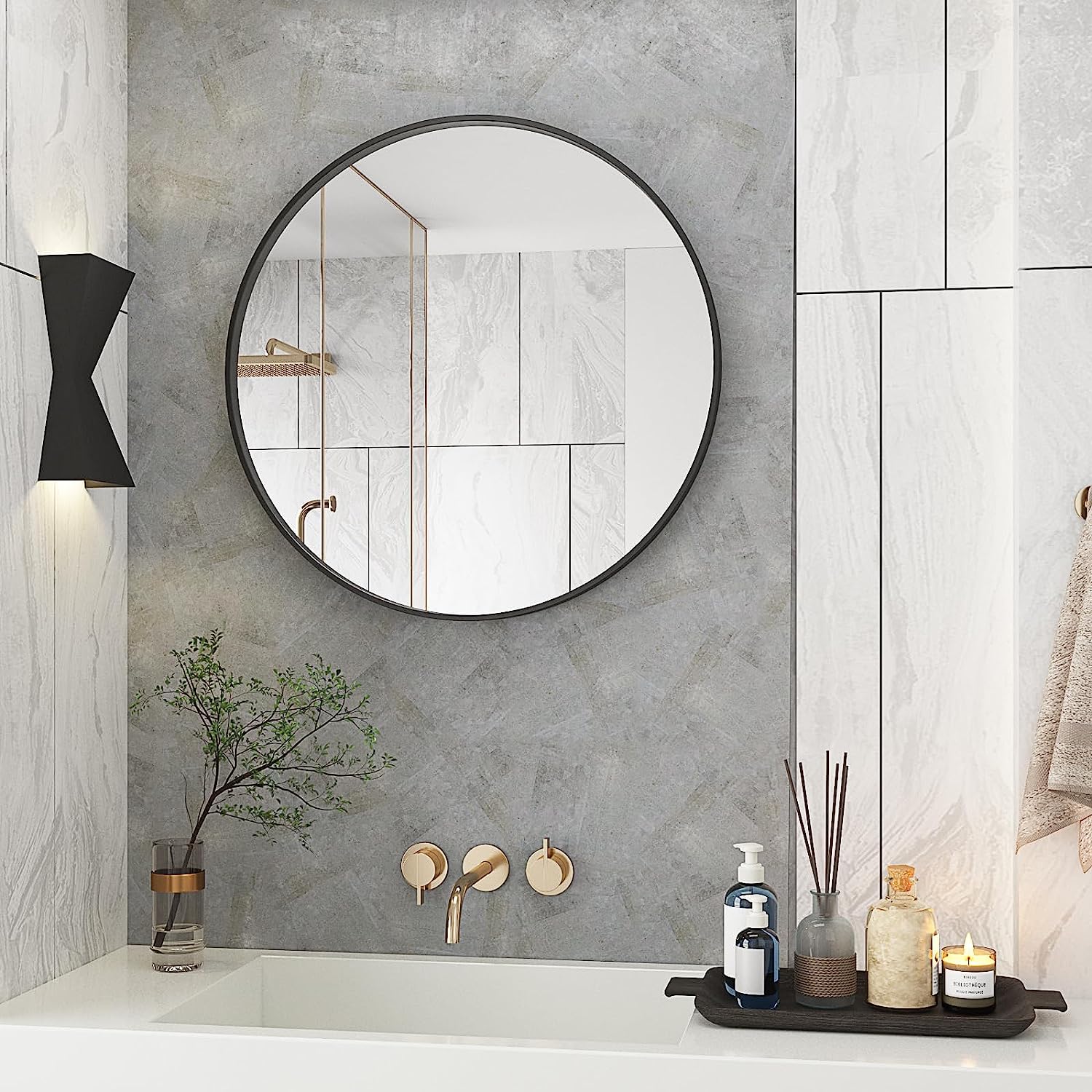 Bathroom Mirror, Wall Mounted Round Bathroom Vanity Mirror with Black ...