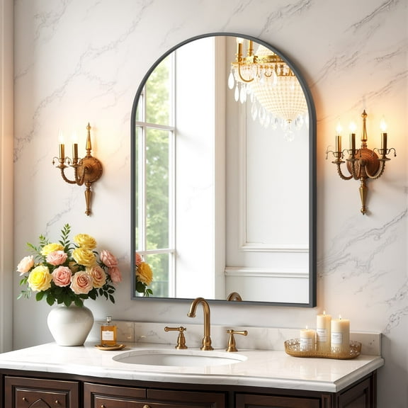 Bathroom Mirror for Wall, Black Arched Vanity Mirror with Anti-Rust Metal Frame, 30x20 Inch Tempered Glass Decorative Mirrors for Hanging or Leaning
