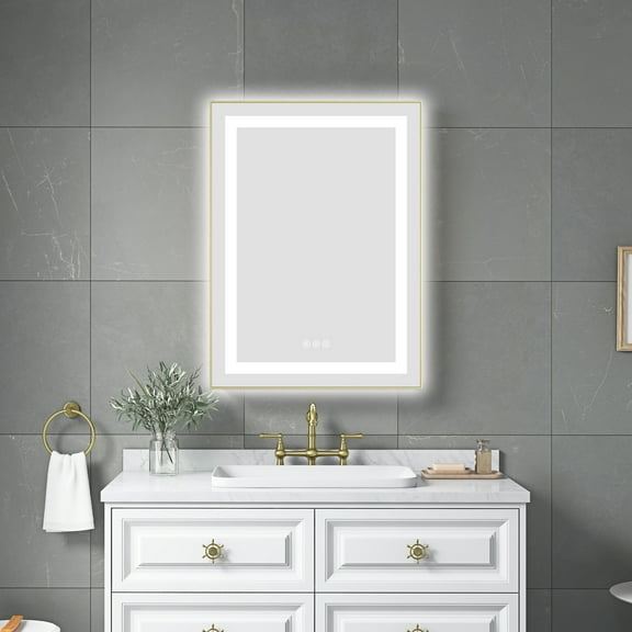 Bathroom Mirrors 24 x 32 Inch LED Bathroom Mirror with Front and Backlight, Wall Mounted Vanity Mirror with Aluminum Frame, Anti-Fog, Memory, 3 Colors, Stepless Dimmable,Wall Mounted Bathroom Mirrors