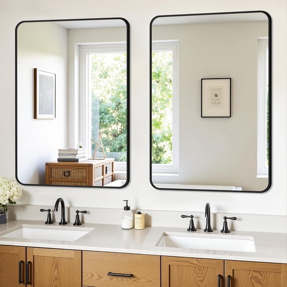 Bathroom Mirrors for Over Sink, 24"x36" Matte Black Frame Rectangular Vanity Mirror,Wall Mounted with Upgraded Moisture-Resistant Performance for Humid Bathrooms, Modern Soft-Edge Design(2 Pack)