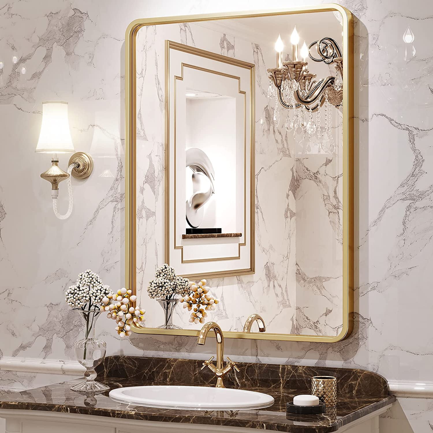 Bathroom Mirrors Wall Mirror 24"x36", Gold Rectangle Mirror with HD