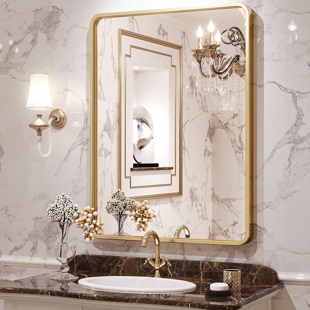 Bathroom Mirrors Wall Mirror 24"x36", Gold Rectangle Mirror with HD
