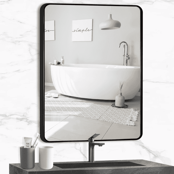 Bathroom Mirrors 24"x32" Wall Mirror with Rectangular Metal Brushed Frame, Black