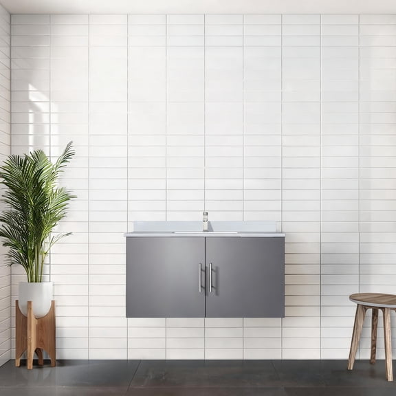 Bathroom Modern Solid Wood Bath Vanity 36 Inch with Pre-Drilled White Quartz Top, Soft Gray