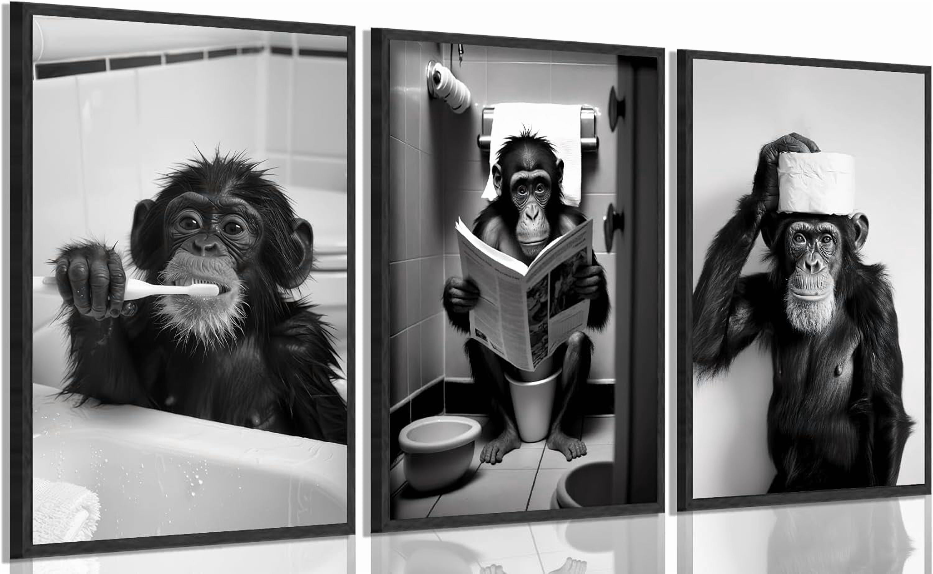 Bathroom Monkey Wall Art Funny Orangutan Bathroom Wall Decor Black and white Animal Painting ...