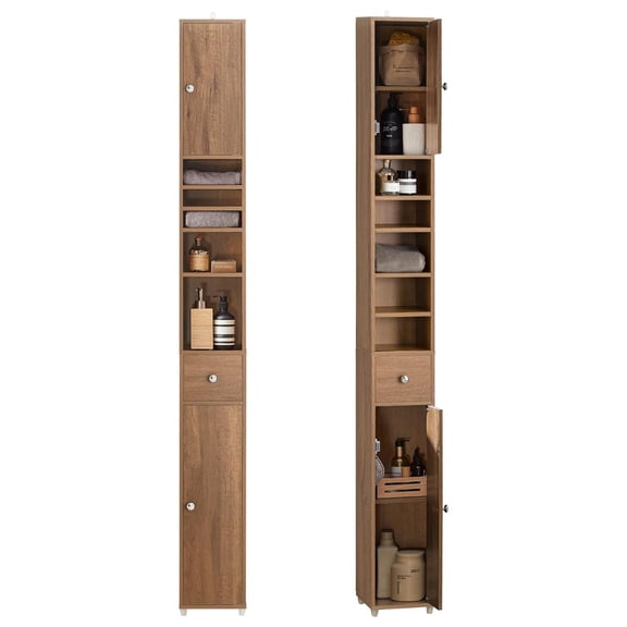 Bathroom Narrow Storage Cabinet Skinny Tall Unit with Adjustable Shelves Slender Anti-Tipping Floor Standing Cupboard, Natural BZR34-PF