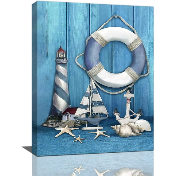Bathroom Nautical Wall Art Modern Starfish Anchor Lighthouse Pictures Wall Decor Navy Blue Ocean Home Decor Modern House Decoration Canvas Painting Prints for Bathroom Living Room 12"x16"