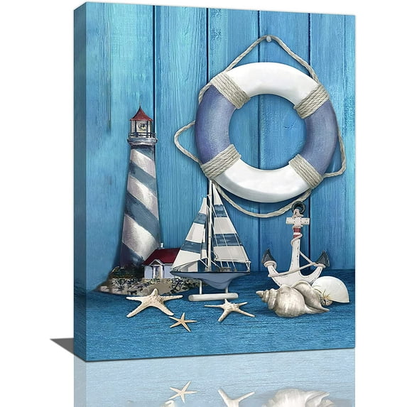 Bathroom Nautical Wall Art Modern Starfish Anchor Lighthouse Pictures Wall Decor Navy Blue Ocean Home Decor Modern House Decoration Canvas Painting Prints for Bathroom Living Room 12"x16"