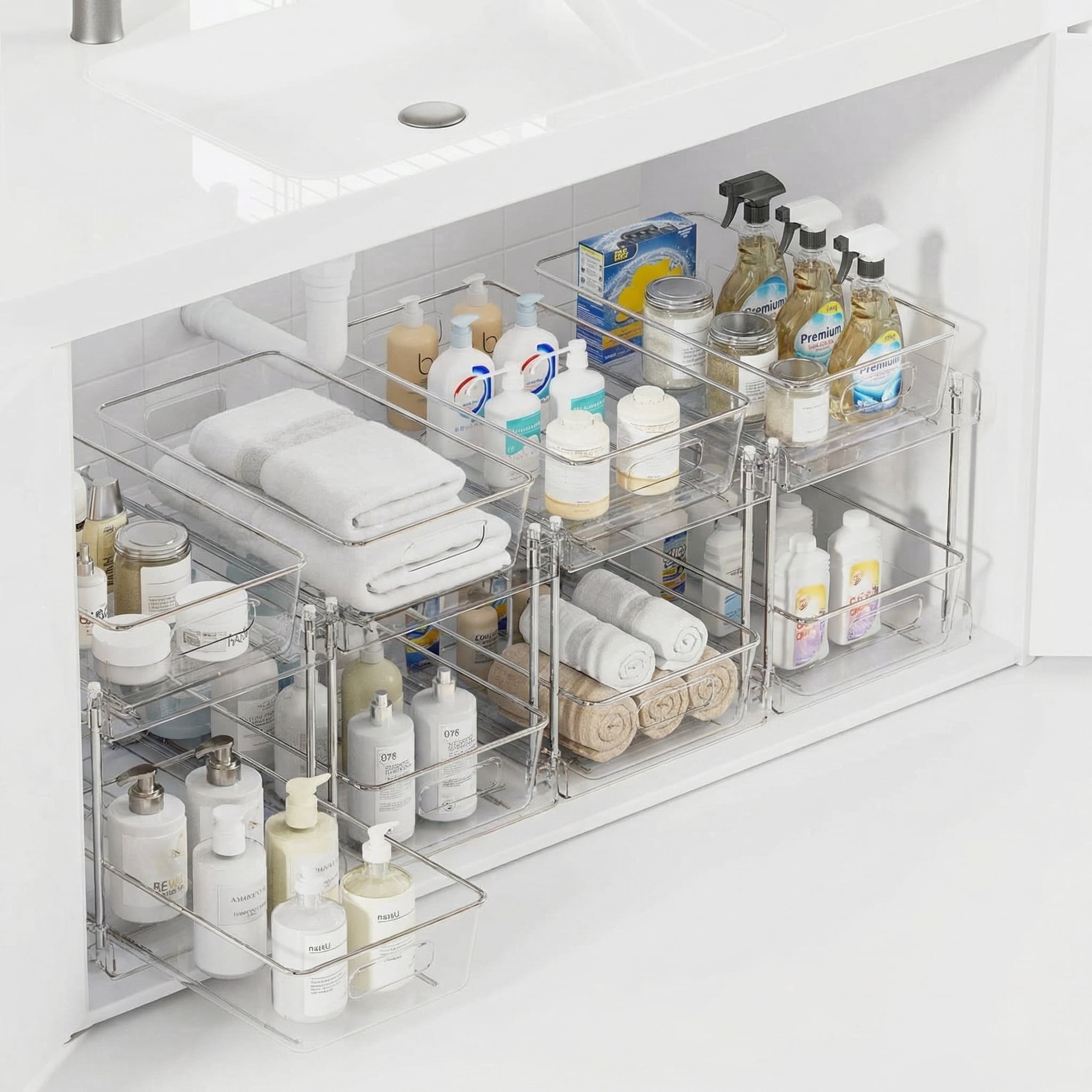 Bathroom Organizer, 4 Pack 2-Tier Clear Storage Container with Sliding Track, Under Sink & Countertop Organizer for Cabinet Drawers, Kitchen Pantry Organization