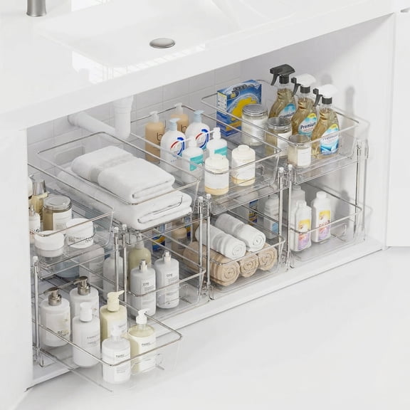 Bathroom Organizer, 4 Pack 2-Tier Clear Storage Container with Sliding Track, Under Sink & Countertop Organizer for Cabinet Drawers, Kitchen Pantry Organization