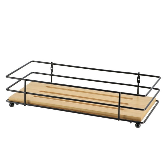 Bathroom Organizer Bamboo Tray Black Metal Wire