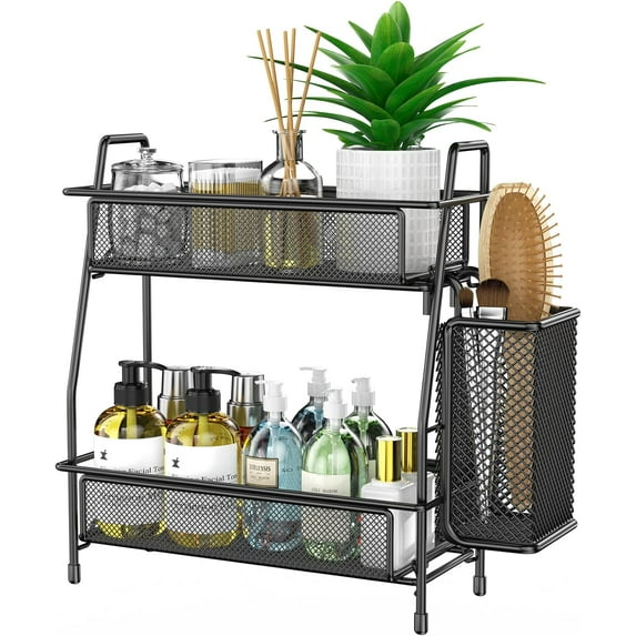 Bathroom Organizer with Basket, 2-Tier Bathroom Tray for Countertop Storage Shelf, Bathroom Counter Organizer, Vanity Organizer and Storage Kitchen Counter Organizers Spice Rack