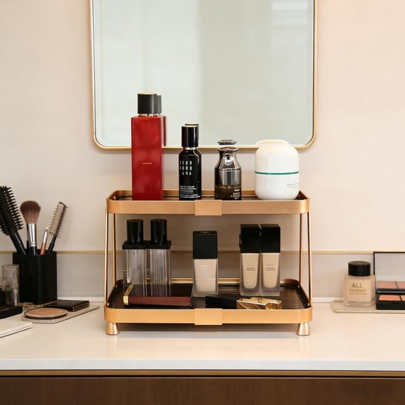 Bathroom Organizer Countertop, 2-Tier Perfume Organizer Makeup Organizer Cosmetics Storage Display Rack Vanity Tray Dresser Shelf Rust Resistant Aluminum Alloy Holder Decor