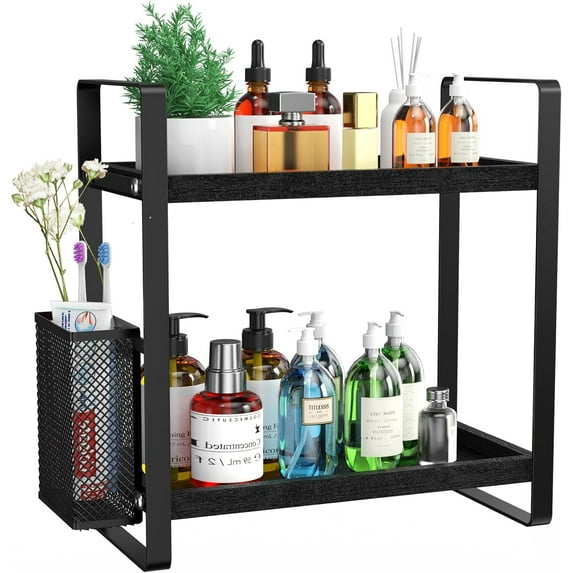 Bathroom Organizer Countertop, Counter Organizer for Bathroom Decor, Wooden Sink Shelf for Vanity Storage, Makeup Tray for Perfume Skincare Bedroom Kitchen Corner (Black)