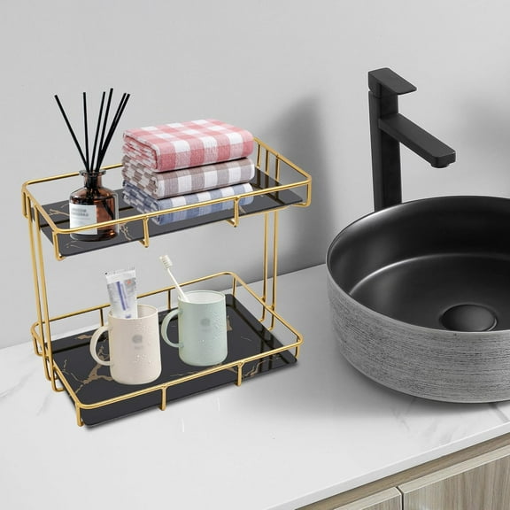 Bathroom Organizer Countertop Perfume Organizer Makeup Organizer Cosmetics Storage Display Rack 2 Tier Vanity Tray Dresser Stainless Steel Gold Shelf White Marble Ceramic Tray (Black)