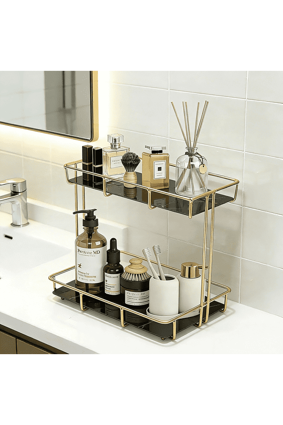 2 Tiers Bathroom Countertop Organizer Black Perfume Marble Tray Makeup & Cosmetics Storage Display Rack Vanity Skincare Holder