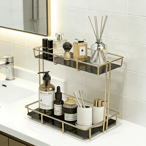 NUBILY 2-Tier Gold Bathroom Countertop Organizer,Black Marble Ceramic Makeup & Perfume Storage Tray,Vanity Skincare Holder with Stainless Steel Frame