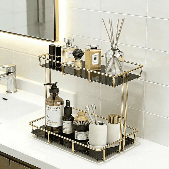 NUBILY 2-Tier Gold Bathroom Countertop Organizer,Black Marble Ceramic Makeup & Perfume Storage Tray,Vanity Skincare Holder with Stainless Steel Frame