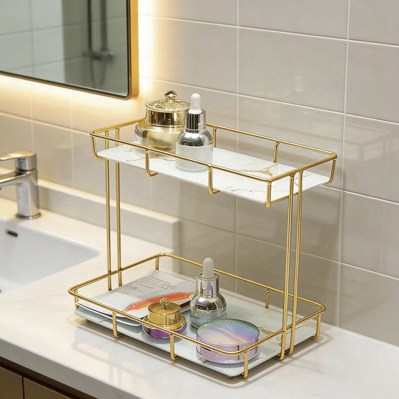 Bathroom Organizer Countertop Perfume Organizer Makeup Organizer Cosmetics Storage Display Rack Vanity Tray Dresser Stainless Steel Gold Shelf White Marble Ceramic Tray