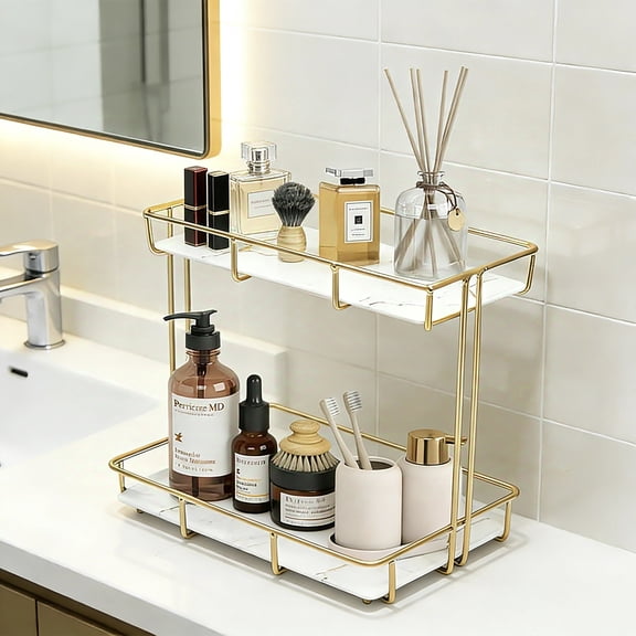 Bathroom Organizer Countertop Perfume Organizer Makeup Organizer Cosmetics Storage Display Rack Vanity Tray Dresser Stainless Steel Gold Shelf White Marble Ceramic Tray