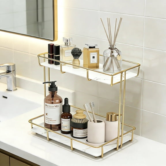 NUBILY 2-Tier Gold Bathroom Organizer, Black Marble Ceramic Tray, Stainless Steel Frame, Vanity Countertop Storage for Cosmetics Perfume Skincare