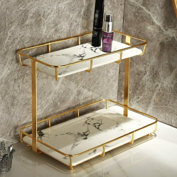 Bathroom Organizer Countertop Perfume Organizer Makeup Organizer Cosmetics Storage Display Rack Vanity Tray Dresser Stainless Steel Gold Shelf White Marble Ceramic Tray