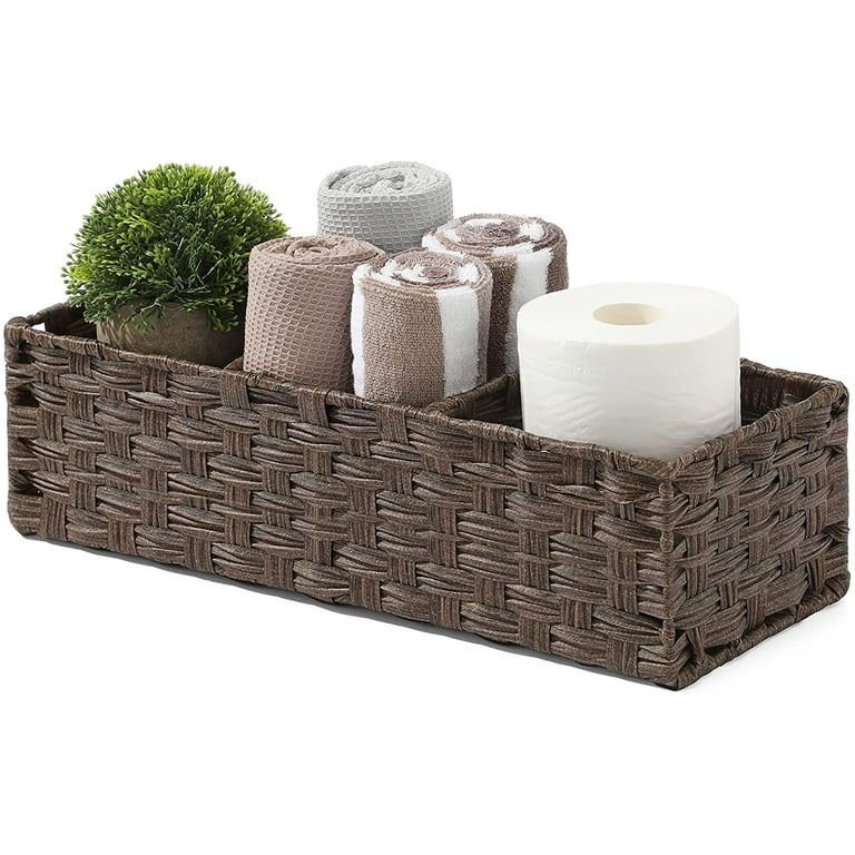 Bathroom Organizer, Larger Compartments Toilet Paper Basket for Tank Topper  - Over, Top, Back of Toilet Tank Tray Split Hand-woven Basket -  Rustic,Counter Vanity Organizer, Brown 