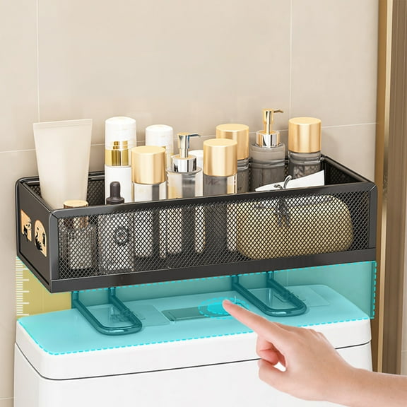 Bathroom Organizer - Over Toilet Storage, Floating Shelves with 2 Hooks, Wall Mounted Shelf Rack, Behind and Above The Tank，Space utilization(Black)